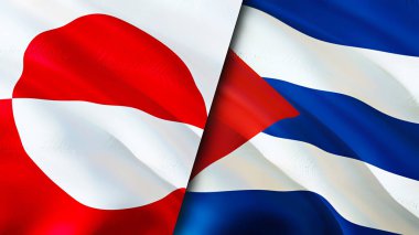 Grönland ve Küba bayrakları. 3 boyutlu dalgalanan bayrak tasarımı. Grönland Küba bayrağı, resim, duvar kağıdı. Grönland, Küba imajına karşı, 3D görüntüleme. Grönland Küba ilişkileri ittifak ve ticaret, seyahat, turizm konsepti