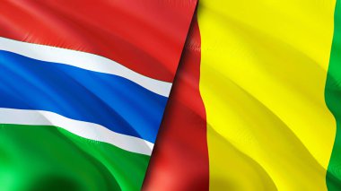 Gambia ve Gine bayrakları. 3 boyutlu dalgalanan bayrak tasarımı. Gambiya Gine bayrağı, resim, duvar kağıdı. Gambiya, Gine 'ye karşı, görüntü 3 boyutlu. Gambiya Gine ilişkileri ittifak ve ticaret, seyahat, turizm konsepti