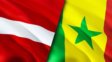 Letonya ve Senegal bayrakları. 3 boyutlu dalgalanan bayrak tasarımı. Letonya Senegal bayrağı, resim, duvar kağıdı. Letonya, Senegal imajına karşı, 3 boyutlu görüntüleme. Letonya Senegal ilişkileri ittifak ve ticaret, seyahat, turizm konsepti