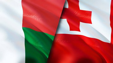Madagaskar ve Tonga bayrakları. 3 boyutlu dalgalanan bayrak tasarımı. Madagaskar Tonga bayrağı, resim, duvar kağıdı. Madagaskar, Tonga 'ya karşı, 3 boyutlu görüntü. Madagaskar Tonga ilişkileri ittifak ve ticaret, seyahat, turnuva