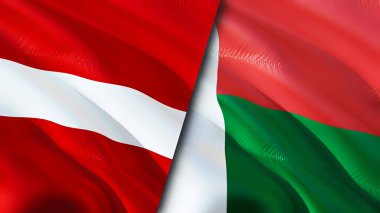 Letonya ve Madagaskar bayrakları. 3 boyutlu dalgalanan bayrak tasarımı. Letonya Madagaskar bayrağı, resim, duvar kağıdı. Letonya, Madagaskar 'a karşı, görüntü 3 boyutlu. Letonya Madagaskar ilişkileri ittifak ve ticaret, seyahat, turnuva