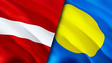 Letonya ve Palau bayrakları. 3 boyutlu dalgalanan bayrak tasarımı. Letonya Palau bayrağı, resim, duvar kağıdı. Letonya vs Palau resmi, 3 boyutlu görüntüleme. Letonya Palau ilişkileri ittifak ve ticaret, seyahat, turizm konsepti