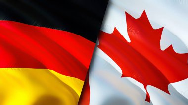 Almanya ve Kanada bayrakları. 3 boyutlu dalgalanan bayrak tasarımı. Almanya Kanada bayrağı, resim, duvar kağıdı. Almanya, Kanada 'ya karşı, görüntü 3D. Almanya Kanada ile ilişkiler ittifak ve ticaret, seyahat, turizm konsepti