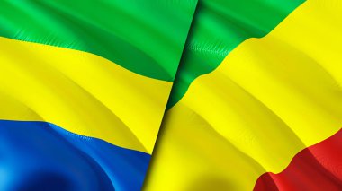 Gabon ve Kongo bayrakları. 3 boyutlu dalgalanan bayrak tasarımı. Gabon Kongo bayrağı, resim, duvar kağıdı. Gabon, Kongo 'ya Karşı imajı, 3 boyutlu görüntüleme. Gabon Kongo ilişkileri ittifak ve ticaret, seyahat, turizm konsepti