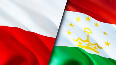 Polonya ve Tacikistan bayrakları. 3 boyutlu dalgalanan bayrak tasarımı. Polonya Tacikistan bayrağı, resim, duvar kağıdı. Polonya, Tacikistan 'a karşı, görüntü 3D. Polonya Tacikistan ilişkileri ittifak ve ticaret, seyahat, turnuva