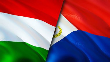 Macaristan ve Sint Maarten bayrakları. 3 boyutlu dalgalanan bayrak tasarımı. Macaristan Sint Maarten bayrağı, resim, duvar kağıdı. Macaristan, Sint Maarten 'e karşı, görüntü 3D. Macaristan Sint Maarten ilişkileri