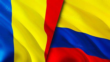 Romanya ve Kolombiya bayrakları. 3 boyutlu dalgalanan bayrak tasarımı. Romanya Kolombiya bayrağı, resim, duvar kağıdı. Romanya, Kolombiya 'ya karşı, görüntü 3 boyutlu. Romanya Kolombiya ilişkileri ittifak ve ticaret, seyahat, turnuva