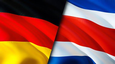 Almanya ve Kosta Rika bayrakları. 3 boyutlu dalgalanan bayrak tasarımı. Almanya Kosta Rika bayrağı, resim, duvar kağıdı. Almanya Kosta Rika 'ya karşı, görüntü 3 boyutlu. Almanya Kosta Rika ilişkileri