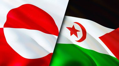 Grönland ve Batı Sahra bayrakları. 3 boyutlu dalgalanan bayrak tasarımı. Grönland Batı Sahra bayrağı, resim, duvar kağıdı. Grönland, Batı Sahra 'ya karşı. Görüntü 3D. Grönland Batı Sahra ilişkisi