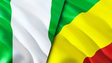 Nijerya ve Kongo bayrakları. 3 boyutlu dalgalanan bayrak tasarımı. Nijerya Kongo bayrağı, resim, duvar kağıdı. Nijerya, Kongo 'ya karşı, görüntü 3 boyutlu. Nijerya Kongo ilişkileri ittifak ve ticaret, seyahat, turizm konsepti