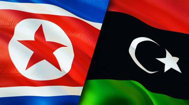 Kuzey Kore ve Libya bayrakları. 3 boyutlu dalgalanan bayrak tasarımı. Kuzey Kore Libya bayrağı, resim, duvar kağıdı. Kuzey Kore, Libya imajına karşı, 3D görüntüleme. Kuzey Kore Libya ilişkileri ittifak ve ticaret, seyahat, turnuva