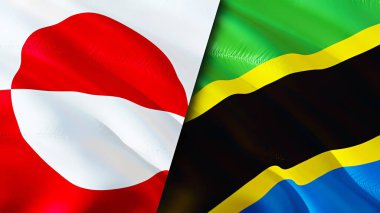 Grönland ve Tanzanya bayrakları. 3 boyutlu dalgalanan bayrak tasarımı. Grönland Tanzanya bayrağı, resim, duvar kağıdı. Grönland, Tanzanya 'ya karşı, görüntü 3 boyutlu. Grönland Tanzanya ilişkileri