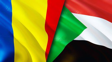 Romanya ve Sudan yara izi kavramına sahip bayraklar. Dalgalanan bayrak, 3 boyutlu görüntüleme. Romanya ve Sudan ihtilafı kavramı. Romanya Sudan ilişkileri kavramı. Romanya ve Sudan krizi bayrağı, savaş, saldırı konsepti