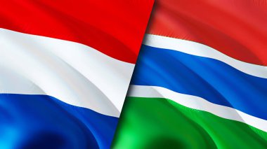 Hollanda ve Gambiya bayrakları. 3 boyutlu dalgalanan bayrak tasarımı. Hollanda Gambiya bayrağı, resim, duvar kağıdı. Hollanda, Gambiya 'ya karşı, görüntü 3D. Hollanda Gambiya ilişkileri ittifakı