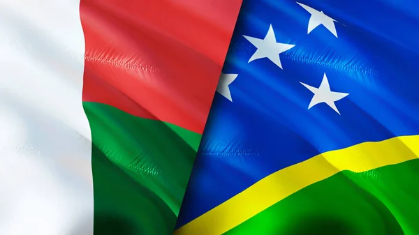 Madagascar and Solomon Islands flags. 3D Waving flag design. Madagascar Solomon Islands flag, picture, wallpaper. Madagascar vs Solomon Islands image,3D rendering. Madagascar Solomon Island