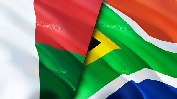 Madagascar and South Africa flags. 3D Waving flag design. Madagascar South Africa flag, picture, wallpaper. Madagascar vs South Africa image,3D rendering. Madagascar South Africa relations allianc