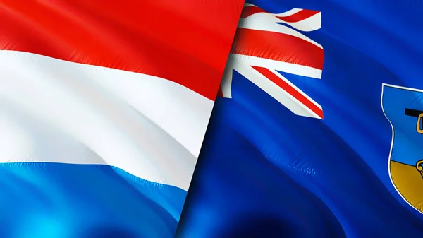 卢森堡和蒙特塞拉特的国旗 3D波浪旗帜设计 卢森堡蒙特塞拉特国旗 卢森堡对蒙特塞拉特图像 3D渲染 卢森堡蒙特塞拉特关系联盟 — 图库照片
