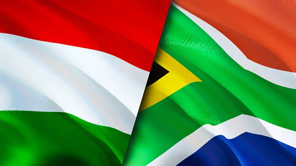 Hungary and South Africa flags. 3D Waving flag design. Hungary South Africa flag, picture, wallpaper. Hungary vs South Africa image,3D rendering. Hungary South Africa relations alliance an