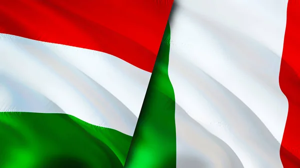 Hungary and Italy flags. 3D Waving flag design. Hungary Italy flag, picture, wallpaper. Hungary vs Italy image,3D rendering. Hungary Italy relations alliance and Trade,travel,tourism concep