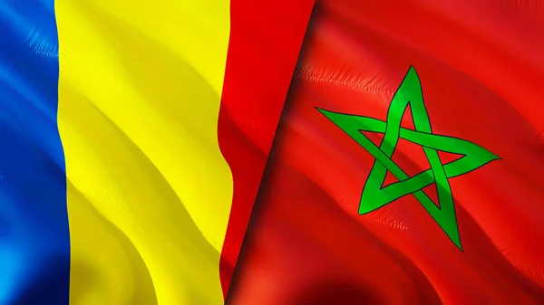 Σημαίες Ρουμανίας Και Μαρόκου Σχεδιασμός Τρισδιάστατης Κυματιστή Σημαίας Ρουμανία Μαρόκο — Φωτογραφία Αρχείου