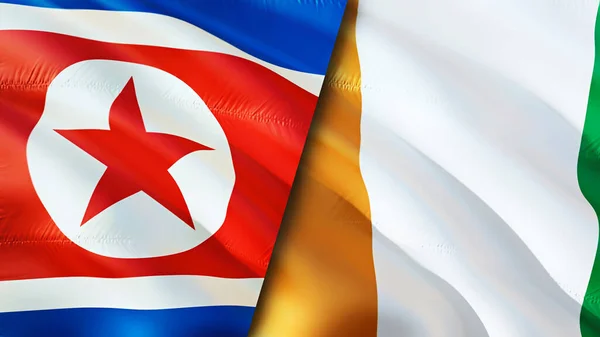 North Korea and Cote d\'Ivoire flags. 3D Waving flag design. North Korea Cote d\'Ivoire flag, picture, wallpaper. North Korea vs Cote d\'Ivoire image,3D rendering. North Korea Cote d\'Ivoire relation