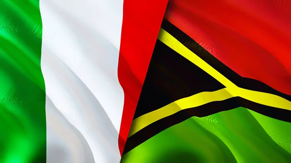 意大利和瓦努阿图的国旗 3D波浪旗帜设计 意大利瓦努阿图国旗 意大利对瓦努阿图的图像 3D渲染 意大利瓦努阿图关系联盟与贸易 — 图库照片