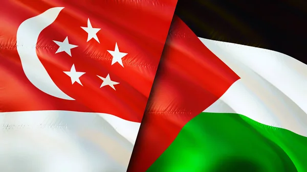 Singapore and Palestine flags. 3D Waving flag design. Singapore Palestine flag, picture, wallpaper. Singapore vs Palestine image,3D rendering. Singapore Palestine relations alliance an