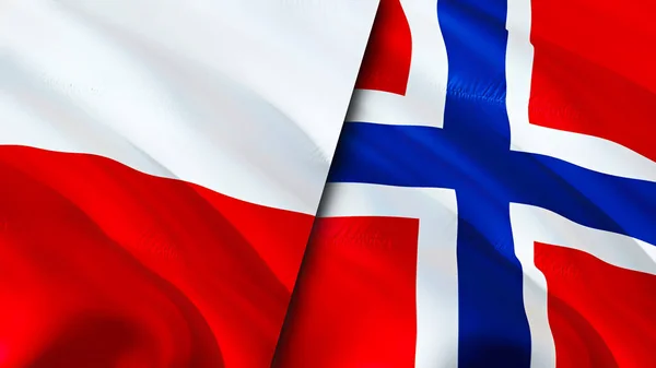 Poland and Norway flags. 3D Waving flag design. Poland Norway flag, picture, wallpaper. Poland vs Norway image,3D rendering. Poland Norway relations alliance and Trade,travel,tourism concep