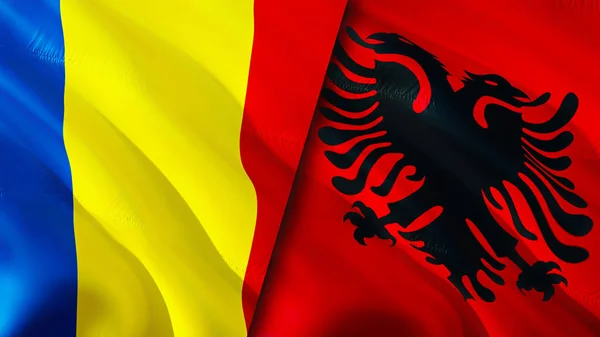罗马尼亚和阿尔巴尼亚的国旗 3D波浪旗帜设计 罗马尼亚阿尔巴尼亚国旗 罗马尼亚对阿尔巴尼亚图像 3D渲染 罗马尼亚阿尔巴尼亚关系联盟与贸易 — 图库照片