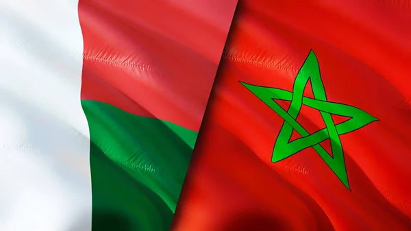 Madagascar and Morocco flags. 3D Waving flag design. Madagascar Morocco flag, picture, wallpaper. Madagascar vs Morocco image,3D rendering. Madagascar Morocco relations alliance an