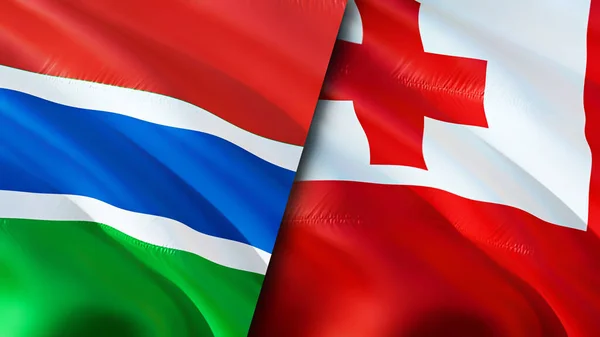 Gambia and Tonga flags. 3D Waving flag design. Gambia Tonga flag, picture, wallpaper. Gambia vs Tonga image,3D rendering. Gambia Tonga relations alliance and Trade,travel,tourism concep