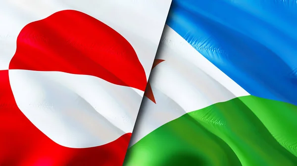 Greenland and Djibouti flags. 3D Waving flag design. Greenland Djibouti flag, picture, wallpaper. Greenland vs Djibouti image,3D rendering. Greenland Djibouti relations alliance an