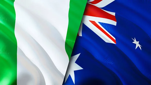 Nigeria and Australia flags. 3D Waving flag design. Nigeria Australia flag, picture, wallpaper. Nigeria vs Australia image,3D rendering. Nigeria Australia relations alliance and Trade,travel,touris