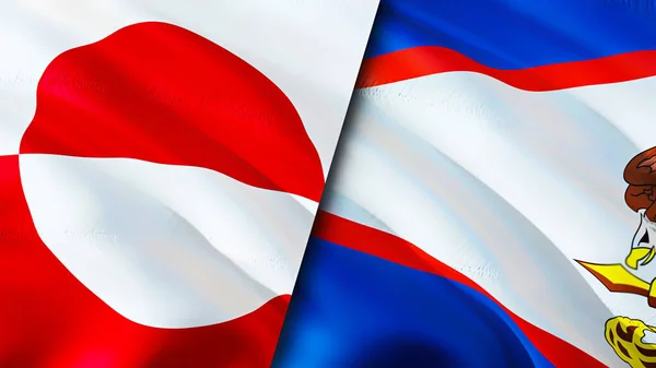 Greenland and American Samoa flags. 3D Waving flag design. Greenland American Samoa flag, picture, wallpaper. Greenland vs American Samoa image,3D rendering. Greenland American Samoa relation