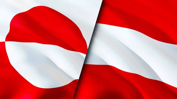 格陵兰和奥地利国旗 3D波浪旗帜设计 格陵兰岛奥地利国旗 格陵兰岛对奥地利图像 3D渲染 格陵兰奥地利关系联盟与贸易 — 图库照片