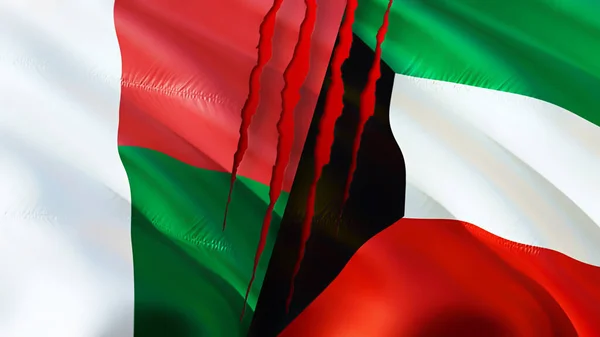 Bandiere Madagascar Kuwait Con Concetto Cicatrice Bandiera Sventolante Rendering Concetto — Foto Stock