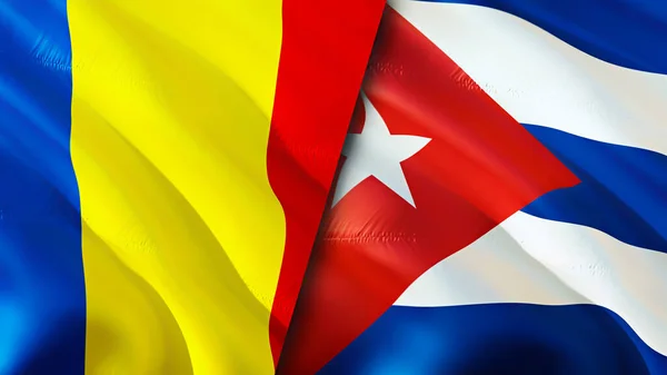 Romania and Cuba flags. 3D Waving flag design. Romania Cuba flag, picture, wallpaper. Romania vs Cuba image,3D rendering. Romania Cuba relations alliance and Trade,travel,tourism concep