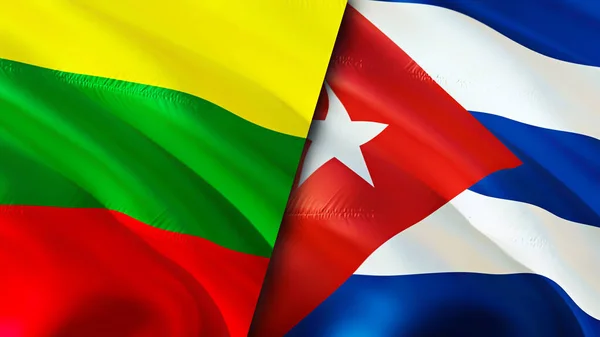 Lithuania and Cuba flags. 3D Waving flag design. Lithuania Cuba flag, picture, wallpaper. Lithuania vs Cuba image,3D rendering. Lithuania Cuba relations alliance and Trade,travel,tourism concep