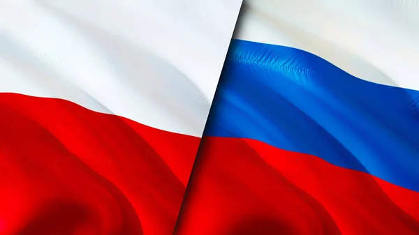 Poland and Russia flags. 3D Waving flag design. Poland Russia flag, picture, wallpaper. Poland vs Russia image,3D rendering. Poland Russia relations alliance and Trade,travel,tourism concep