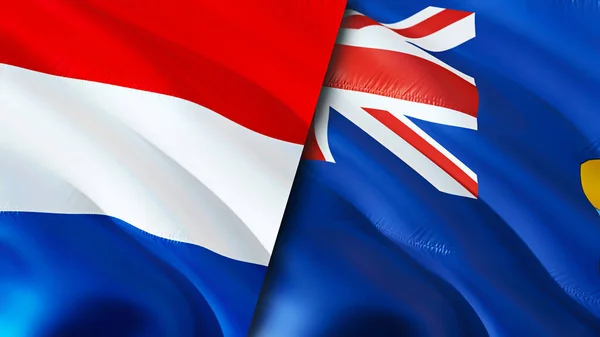 荷兰和圣赫勒拿的国旗 3D波浪旗帜设计 荷兰圣赫勒拿国旗 荷兰对圣赫勒拿图像 3D渲染 荷兰圣赫勒拿关系 — 图库照片