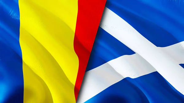 Romania and Scotland flags. 3D Waving flag design. Romania Scotland flag, picture, wallpaper. Romania vs Scotland image,3D rendering. Romania Scotland relations alliance and Trade,travel,touris