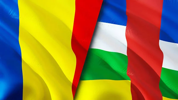 Romania and Central African Republic flags. 3D Waving flag design. Romania Central African Republic flag, picture, wallpaper. Romania vs Central African Republic image,3D rendering. Romania Centra