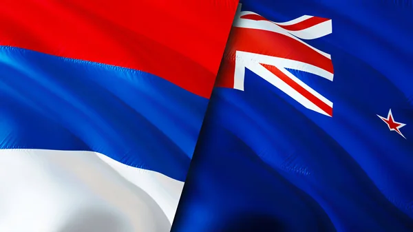 塞尔维亚和新西兰的国旗 3D波浪旗帜设计 塞尔维亚新西兰国旗 塞尔维亚对新西兰的图像 3D渲染 塞尔维亚 新西兰关系联盟 — 图库照片