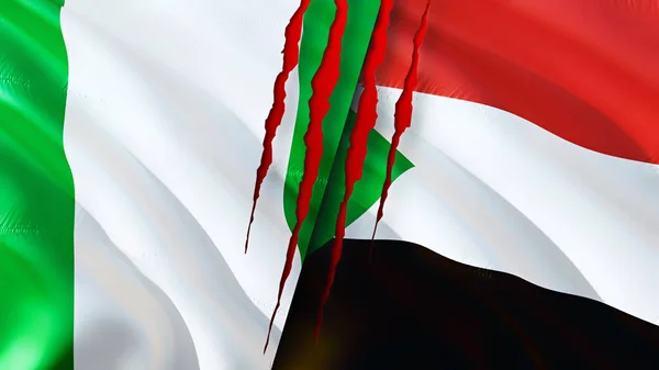 Nigéria Szudán Zászlók Sebhely Koncepcióval Lengő Zászló Renderelés Nigéria Szudán — Stock Fotó