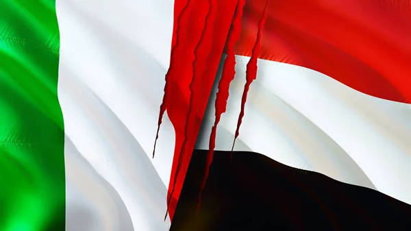Olaszország Jemen Megjelöli Sebhely Koncepciót Lengő Zászló Renderelés Olaszország Jemen — Stock Fotó