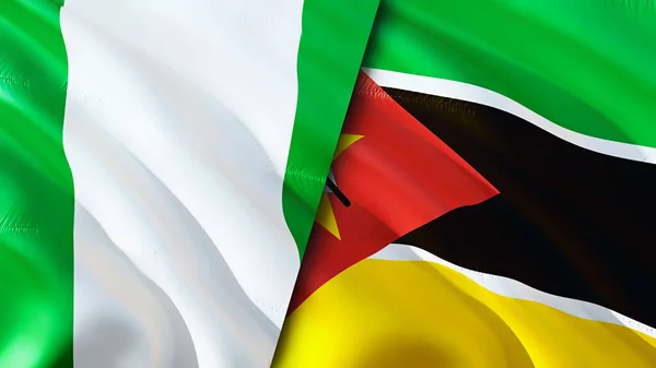 尼日利亚和莫桑比克的国旗 3D波浪旗帜设计 尼日利亚莫桑比克国旗 尼日利亚对莫桑比克的图像 3D渲染 尼日利亚莫桑比克关系联盟 — 图库照片