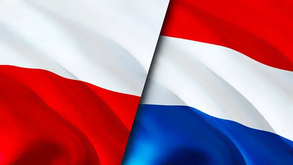 Poland and Netherlands flags. 3D Waving flag design. Poland Netherlands flag, picture, wallpaper. Poland vs Netherlands image,3D rendering. Poland Netherlands relations alliance an