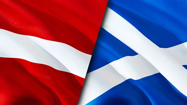 Latvia and Scotland flags. 3D Waving flag design. Latvia Scotland flag, picture, wallpaper. Latvia vs Scotland image,3D rendering. Latvia Scotland relations alliance and Trade,travel,tourism concep