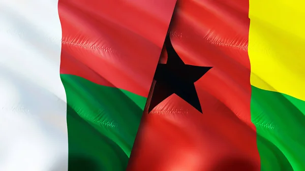 Madagascar and Guinea Bissau flags. 3D Waving flag design. Madagascar Guinea Bissau flag, picture, wallpaper. Madagascar vs Guinea Bissau image,3D rendering. Madagascar Guinea Bissau relation