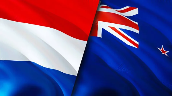 荷兰和新西兰的国旗 3D波浪旗帜设计 荷兰国旗 荷兰对新西兰的图像 3D渲染 荷兰与新西兰的关系 — 图库照片